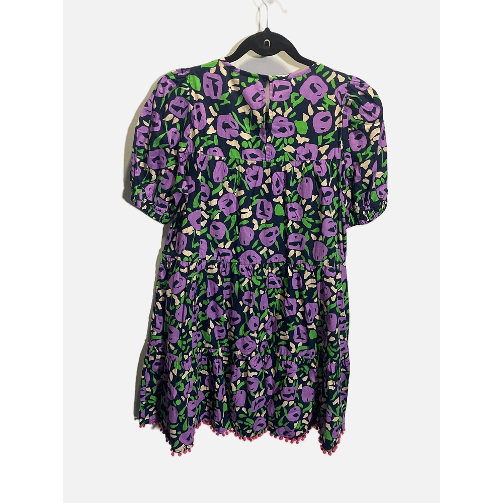 THML Mini Dress Womens M Purple Floral Pom Pom Tiered Puff Sleeve Boho THS1123-N - Picture 6 of 6